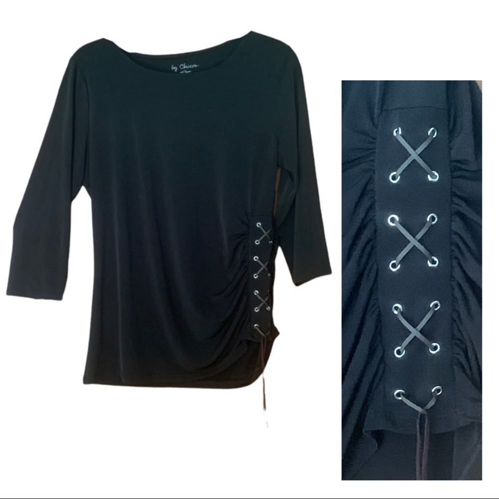 Chicos Black Round Neck Lace Up Side Corset Detail Stretch 3/4 Sleeve Tunic Top